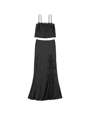 Saten Dantelli Crop Üst ve Slip Etek Takımı