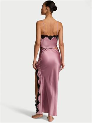 Saten Dantelli Crop Üst ve Slip Etek Takımı