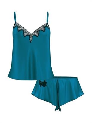 Saten Gül Dantelli Askılı Üst ve Flutter Şort Takımı