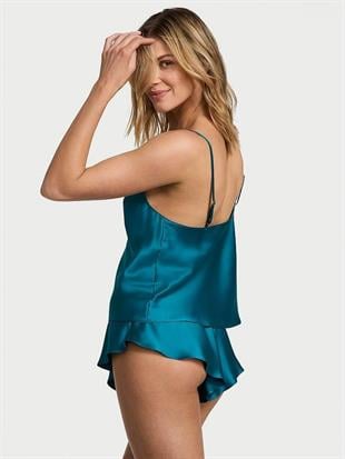 Saten Gül Dantelli Askılı Üst ve Flutter Şort Takımı