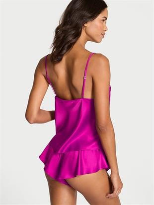 Saten Gül Dantelli Askılı Üst ve Flutter Şort Takımı