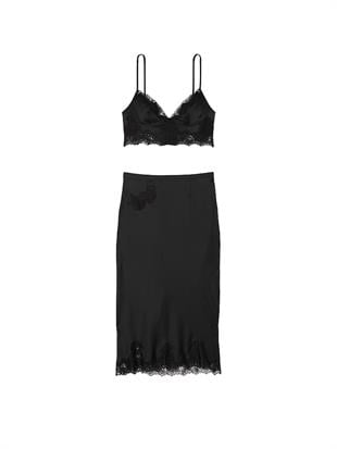 Saten Gül Dantelli Bralet ve Midi Etek Takımı