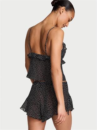 Şifon Puantiyeli Fırfırlı Askılı Bluz Takımı