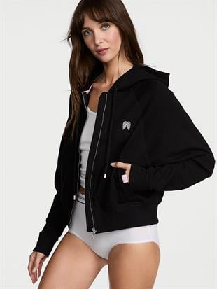 Terry Crop Fermuarlı Kapşonlu Sweatshirt