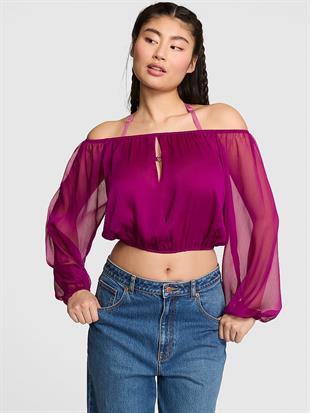 Uzun Kollu Omuzları Açık Şifon Bluz