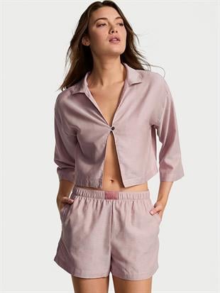 Uzun Kollu Tek Düğmeli Gömlek ve Şortlu Pijama Takımı