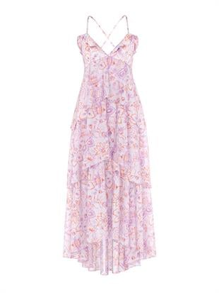 Vintage Blossom Şifon Volanlı Uzun Elbise