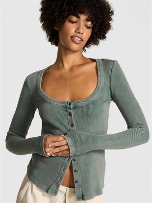 Vintage Düğmeli Uzun Kollu Ribanalı Üst