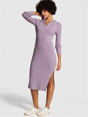 Vintage Ribanalı Henley Kapüşonlu Elbise