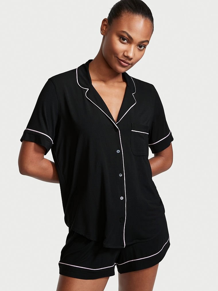 Modal Kısa Pijama Takımı - Melek Pembesi Şeritli Siyah VS26443011 |  Victoria's Secret VSL
