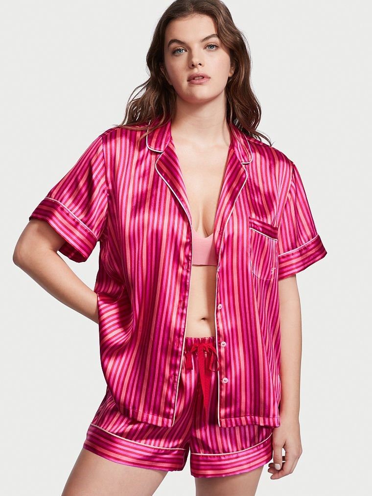 Saten Kısa Pijama Takımı - Kırmızı/Pembe Şeker Çizgisi VS26374186 | Victoria's  Secret VSL