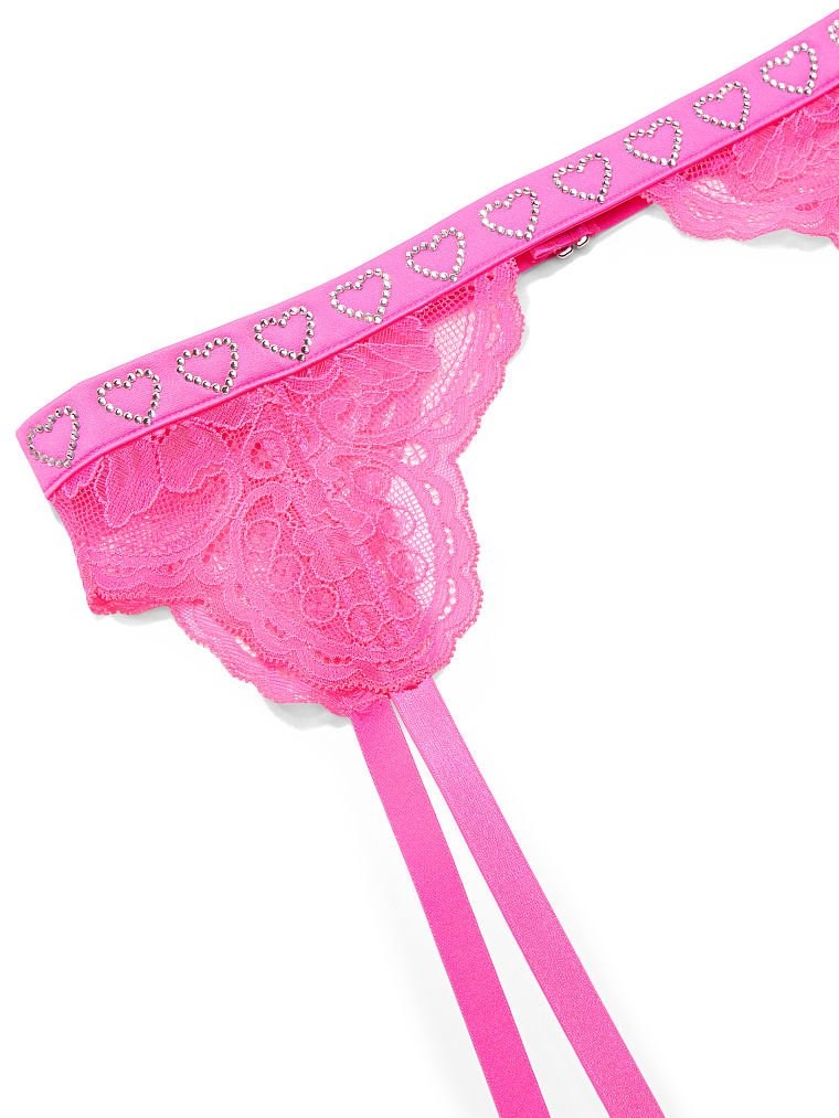 Heart Işıltılı Askılı Dantel Jartiyer Kemeri - Post-It Pembe
