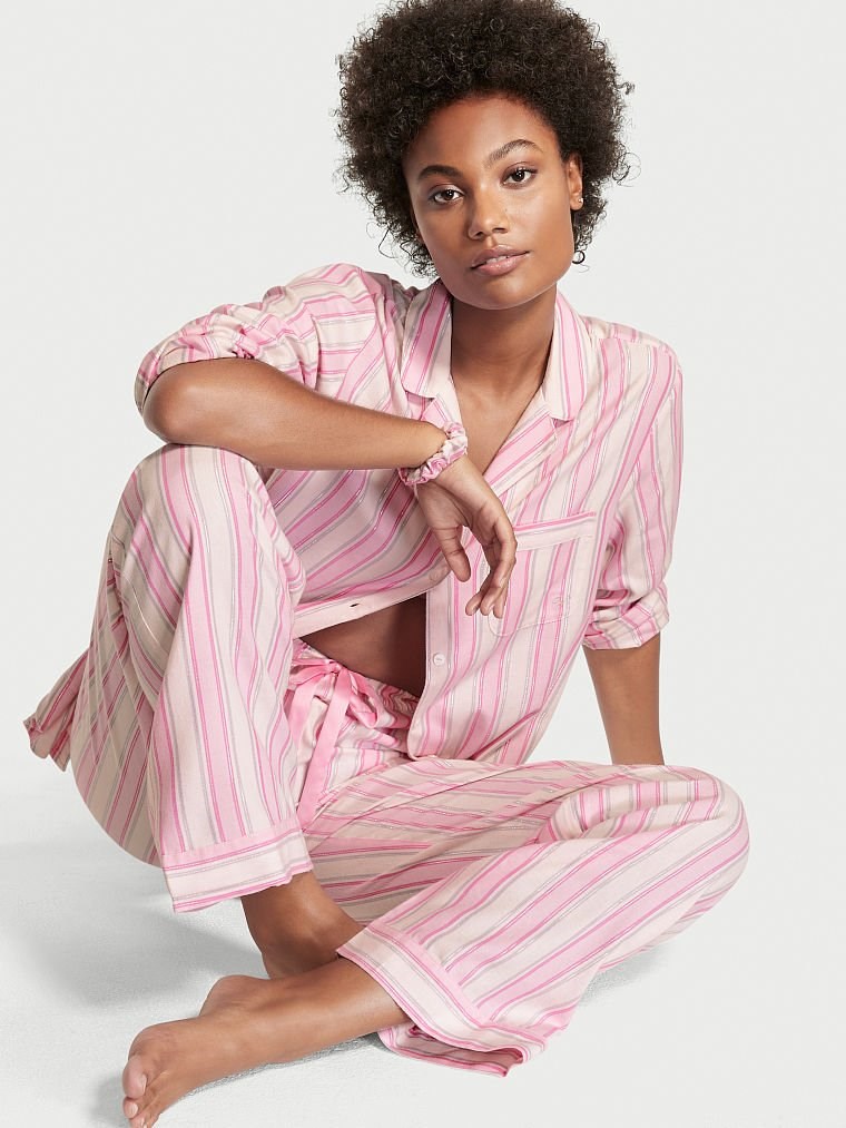 Flanel Uzun Pijama Takımı - Beyaz/Pembe Lureks Şeker Çizgili VS26379741 | Victoria's  Secret VSL