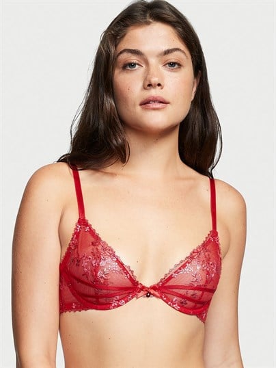 Desteksiz Çiçek İşlemeli Low Cut Demi Sütyen
