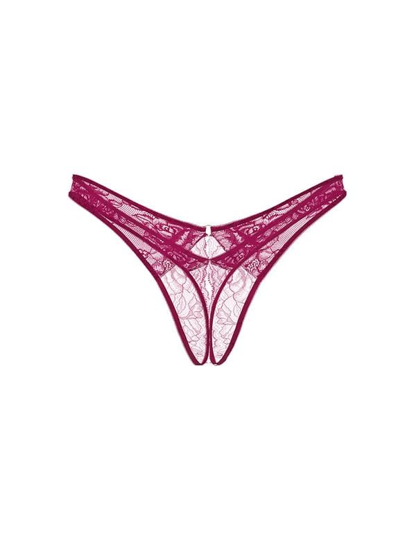 Gül Dantelli Derin Bacak Kesim Crotchless Tanga