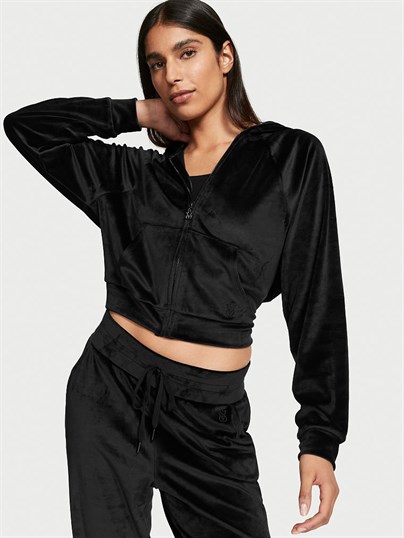 Kadife Fermuarlı Kapüşonlu Sweatshirt