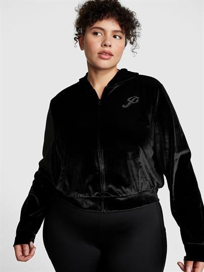 Kadife Işıltılı Logolu Fermuarlı Crop Kapüşonlu Sweatshirt
