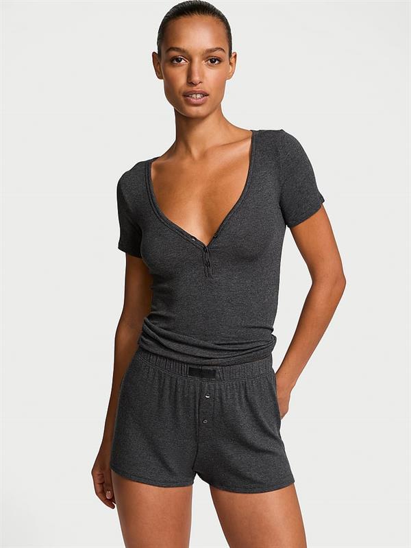 Modal Kısa Kollu Henley Tişört & Boxer Şort Takım