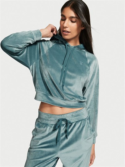 Ribanalı Kadife Kapüşonlu Sweatshirt