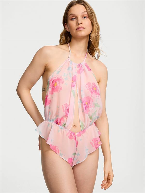 Şakayık Desenli Şifon Halter Teddy