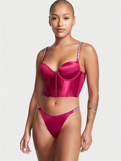 Taşlarla Süslenmiş  Şeritli Saten V-String Külot