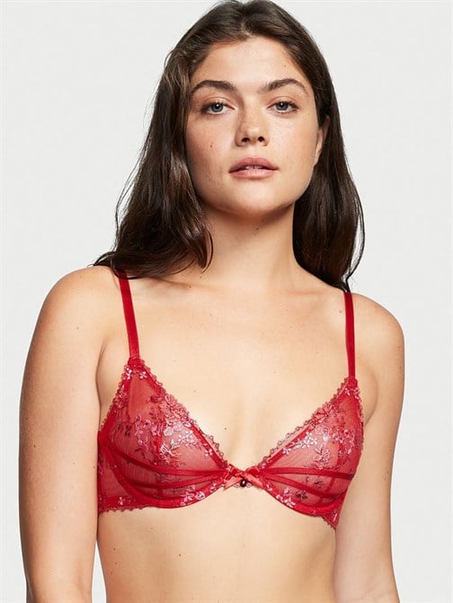 Desteksiz Çiçek İşlemeli Low Cut Demi Sütyen