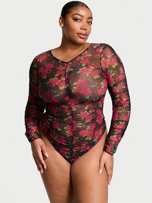 Gül Detaylı Büzgülü Uzun Kollu Bodysuit
