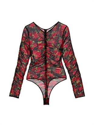 Gül Detaylı Büzgülü Uzun Kollu Bodysuit