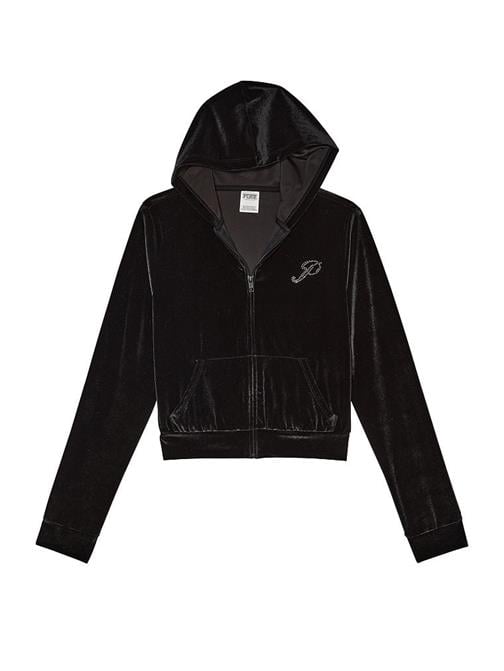 Kadife Işıltılı Logolu Fermuarlı Crop Kapüşonlu Sweatshirt