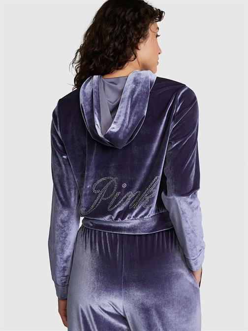 Kadife Işıltılı Logolu Fermuarlı Crop Kapüşonlu Sweatshirt