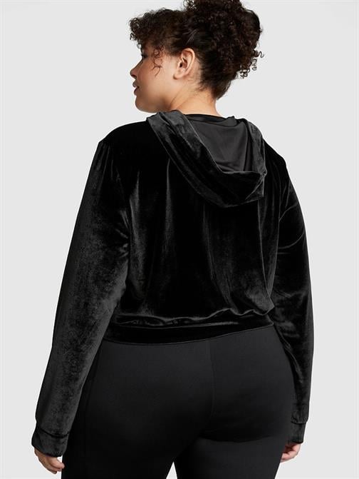 Kadife Işıltılı Logolu Fermuarlı Crop Kapüşonlu Sweatshirt
