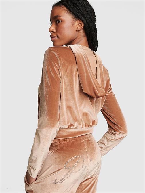 Kadife Işıltılı Logolu Fermuarlı Crop Kapüşonlu Sweatshirt