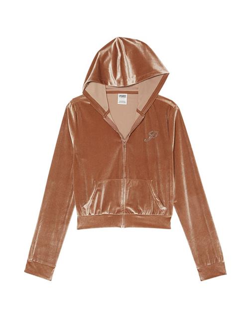 Kadife Işıltılı Logolu Fermuarlı Crop Kapüşonlu Sweatshirt