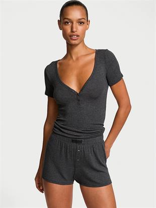 Modal Kısa Kollu Henley Tişört & Boxer Şort Takım
