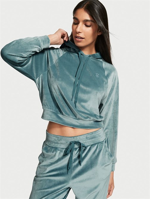 Ribanalı Kadife Kapüşonlu Sweatshirt