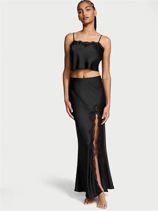 Saten Dantelli Crop Üst ve Slip Etek Takımı
