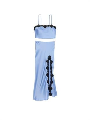 Saten Dantelli Crop Üst ve Slip Etek Takımı