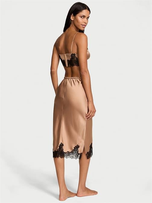 Saten Gül Dantelli Bralet ve Midi Etek Takımı