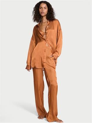 Transparan Saten Uzun Pijama Takımı