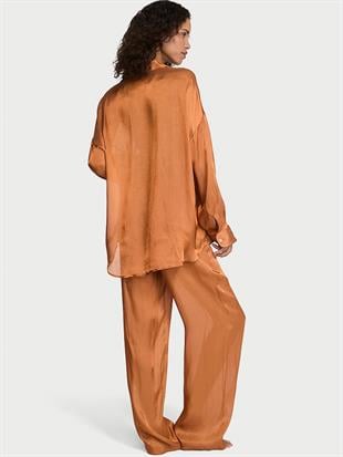 Transparan Saten Uzun Pijama Takımı