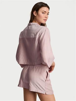Uzun Kollu Tek Düğmeli Gömlek ve Şortlu Pijama Takımı