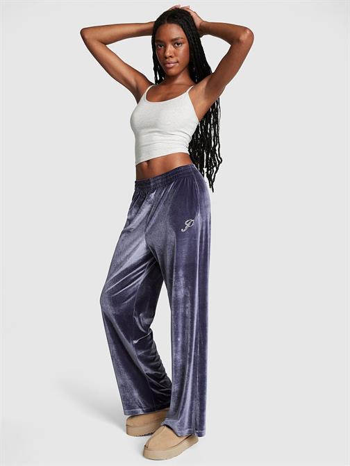 Velour Shine Logolu Geniş Paça Pantolon