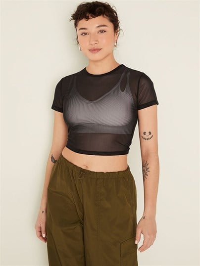 Transparan Kısa Kollu Crop Üst