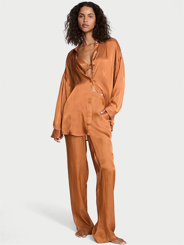 Transparan Saten Uzun Pijama Takımı