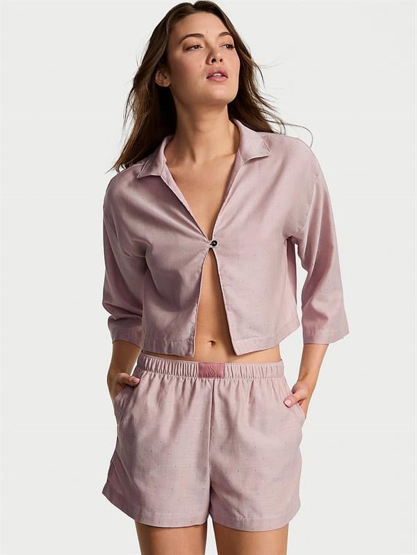 Uzun Kollu Tek Düğmeli Gömlek ve Şortlu Pijama Takımı
