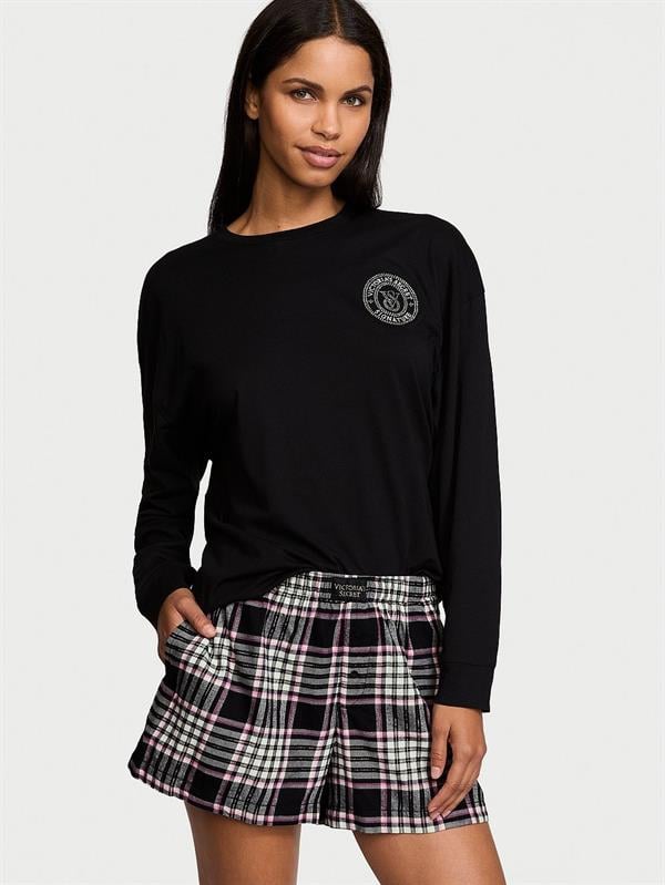 Uzun Kollu Tişört Şort Flannel Pijama Takımı