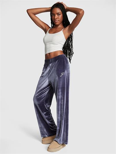 Velour Shine Logolu Geniş Paça Pantolon