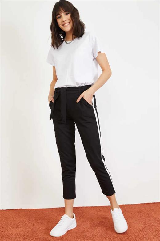 Bianca Lucci Kadın Yan Beyaz Şerit Beli Lastikli Crep Pantolon - Siyah