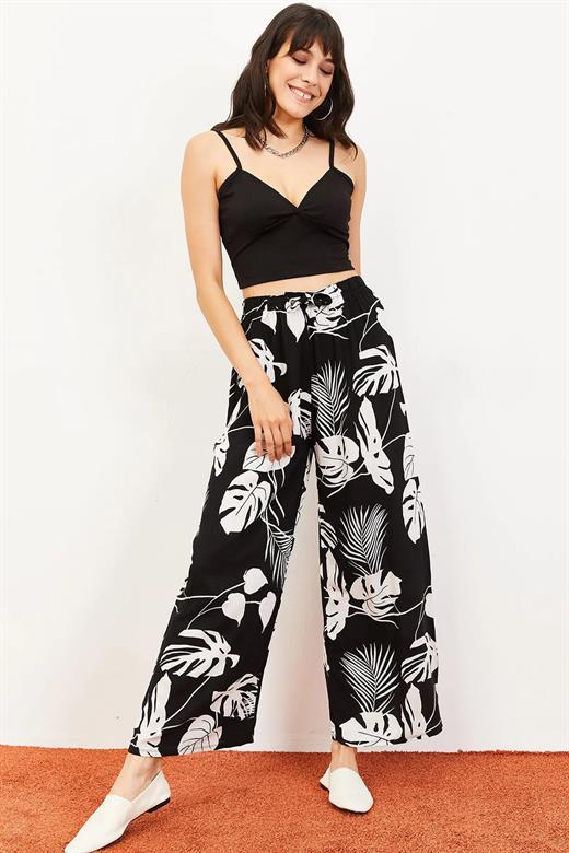 Büyük Çiçek Desen Beli Lastikli Kuşaklı Bol Paça Pantolon - Siyah