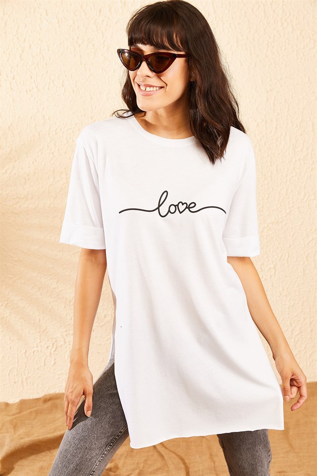 Bianco Lucci Love Baskılı Love Baskılı Kol Katlamalı Yan Yırtmaçlı T-Shirt - Beyaz